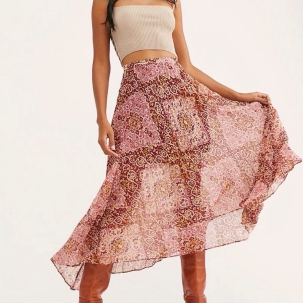 Free People Women’s Pleated Boho Flowy Sheer Burgundy Pink Maxi MIDI Skirt Sz M